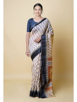 Unnati Silks - Cream Pure Dyed Printed Chanderi Sico Saree UNM73325 with Unstitched Blouse