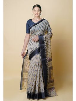 Unnati Silks - Cream Pure Dyed Printed Chanderi Sico Saree UNM73326 with Unstitched Blouse