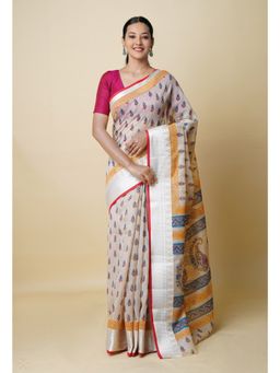 Unnati Silks - Cream Pure Dyed Printed Chanderi Sico Saree UNM73327 with Unstitched Blouse