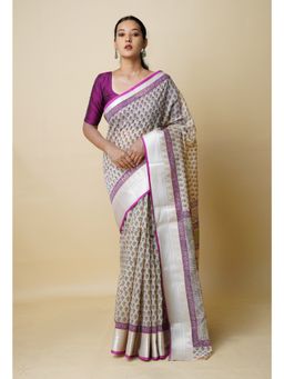 Unnati Silks - Cream Pure Dyed Printed Chanderi Sico Saree UNM73328 with Unstitched Blouse