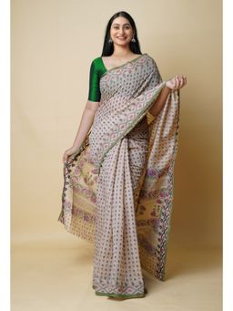 Unnati Silks - Cream Pure Dyed Printed Chanderi Sico Saree UNM73330 with Unstitched Blouse