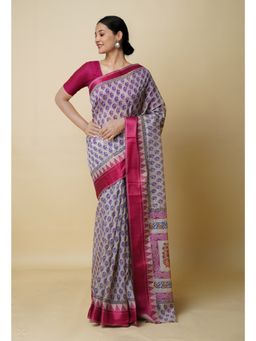 Unnati Silks - Cream Pure Dyed Printed Chanderi Sico Saree UNM73331 with Unstitched Blouse