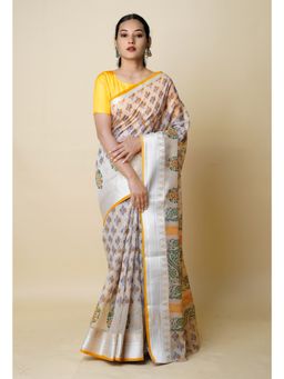 Unnati Silks - Cream Pure Dyed Printed Chanderi Sico Saree UNM73334 with Unstitched Blouse