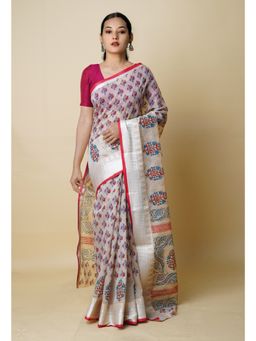 Unnati Silks - Cream Pure Dyed Printed Chanderi Sico Saree UNM73335 with Unstitched Blouse