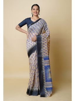Unnati Silks - Cream Pure Dyed Printed Chanderi Sico Saree UNM73336 with Unstitched Blouse