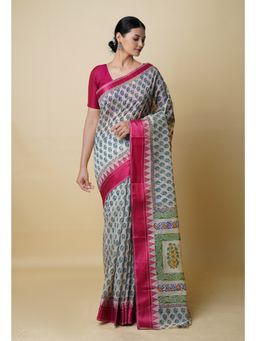 Unnati Silks - Cream Pure Dyed Printed Chanderi Sico Saree UNM73337 with Unstitched Blouse
