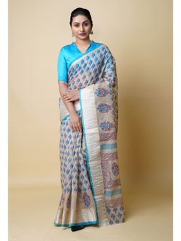 Unnati Silks - Cream Pure Dyed Printed Chanderi Sico Saree UNM73338 with Unstitched Blouse