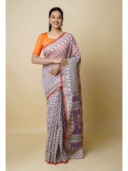 Unnati Silks - Cream Pure Dyed Printed Chanderi Sico Saree UNM73339 with Unstitched Blouse