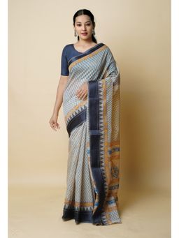 Unnati Silks - Cream Pure Dyed Printed Chanderi Sico Saree UNM73340 with Unstitched Blouse