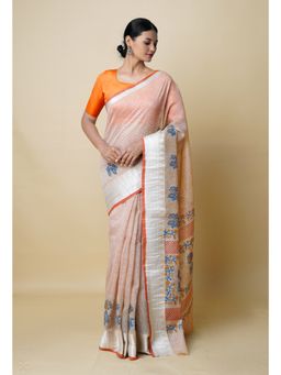 Unnati Silks - Cream Pure Dyed Printed Chanderi Sico Saree UNM73341 with Unstitched Blouse