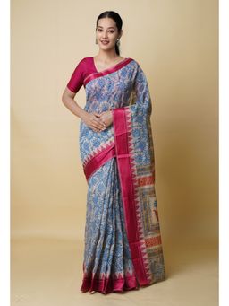 Unnati Silks - Cream Pure Dyed Printed Chanderi Sico Saree UNM73342 with Unstitched Blouse