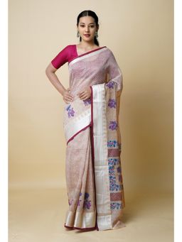 Unnati Silks - Cream Pure Dyed Printed Chanderi Sico Saree UNM73343 with Unstitched Blouse