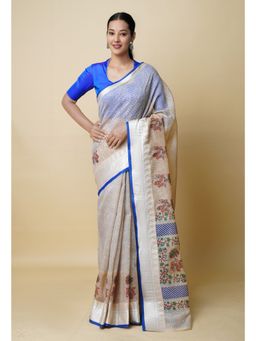 Unnati Silks - Cream Pure Dyed Printed Chanderi Sico Saree UNM73344 with Unstitched Blouse