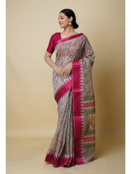 Unnati Silks - Cream Pure Dyed Printed Chanderi Sico Saree UNM73345 with Unstitched Blouse