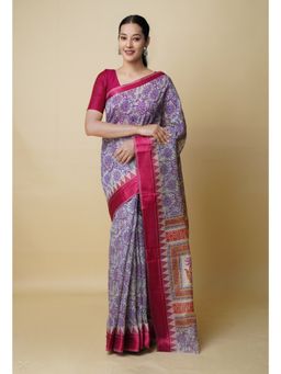 Unnati Silks - Cream Pure Dyed Printed Chanderi Sico Saree UNM73346 with Unstitched Blouse