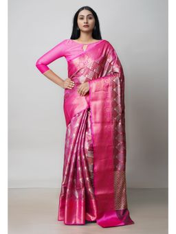 Unnati Silks - Pink Brocade Banarasi Sico Saree UNM73362 with Unstitched Blouse