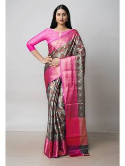 Unnati Silks - Black Brocade Banarasi Sico Saree UNM73364 with Unstitched Blouse