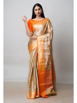 Unnati Silks - Beige Brocade Banarasi Sico Saree UNM73382 with Unstitched Blouse