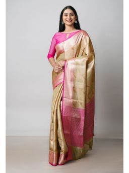 Unnati Silks - Beige Brocade Banarasi Sico Saree UNM73387 with Unstitched Blouse