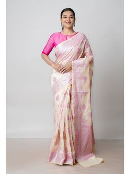Unnati Silks - Beige & Pink Banarasi Chanderi Sico Saree UNM73392 with Unstitched Blouse