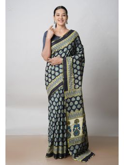 Unnati Silks - Black Ajrakh Printed Superfine Mulmul Cotton Saree UNM73397 with Unstitched Blouse