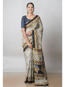 Unnati Silks - White Ajrakh Printed Superfine Mulmul Cotton Saree UNM73399 with Unstitched Blouse