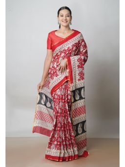 Unnati Silks - Red Pure Ajrakh Printed Superfine Mulmul Cotton Saree UNM73400 with Unstitched Blouse