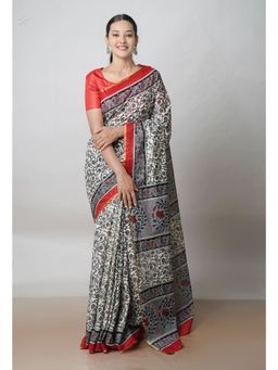 Unnati Silks - Ivory Ajrakh Printed Superfine Mulmul Cotton Saree UNM73401 with Unstitched Blouse