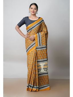Unnati Silks - Mustard Ajrakh Printed Superfine Mulmul Cotton Saree UNM73402 with Unstitched Blouse