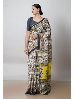 Unnati Silks - Ivory Ajrakh Printed Superfine Mulmul Cotton Saree UNM73403 with Unstitched Blouse
