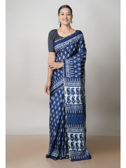 Unnati Silks - Navy Blue Ajrakh Printed Superfine Mulmul Cotton Saree UNM73404 with Unstitched Blouse