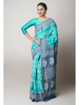 Unnati Silks - Turquoise Blue Pure Hand Batik Printed Cotton Saree UNM73407 with Unstitched Blouse