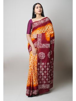 Unnati Silks - Mustard Yellow Maroon Hand Batik Printed Cotton Saree UNM73409 with Unstitched Blouse