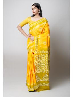 Unnati Silks - Yellow Mehndi Green Hand Batik Printed Cotton Saree UNM73410 with Unstitched Blouse