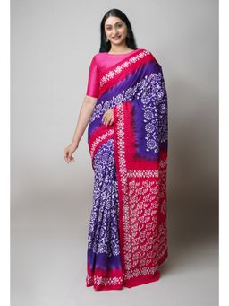 Unnati Silks - Dark Blue Red Pure Hand Batik Printed Cotton Saree UNM73411 with Unstitched Blouse