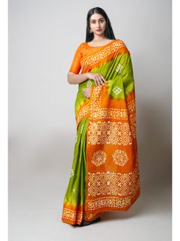 Unnati Silks - Olive Green Pure Hand Batik Printed Cotton Saree UNM73412 with Unstitched Blouse