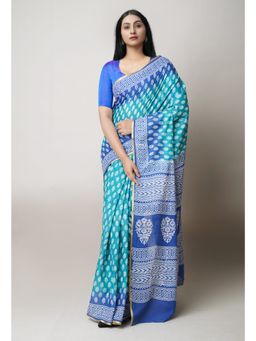 Unnati Silks - Teal Green Pure Hand Block Printed Mulmul Cotton Saree UNM73413 with Unstitched Blouse
