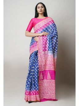 Unnati Silks - Navy Blue Pure Hand Block Printed Mulmul Cotton Saree UNM73414 with Unstitched Blouse