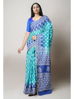 Unnati Silks - Teal Green Pure Hand Block Printed Mulmul Cotton Saree UNM73415 with Unstitched Blouse