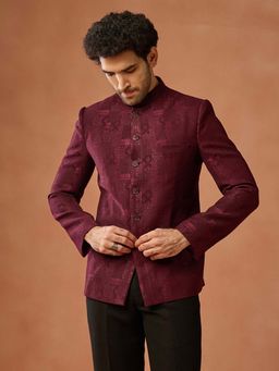 KISAH - Men Maroon Woven Design Bandhgala
