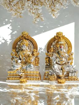 The Home Co - Multi-Color Pure Silver & Gold Plated Lakshmi & Ganesha Idols On Singhasan