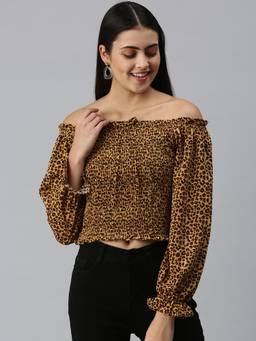 SHOWOFFFF - Women Off Shoulder Balloon Sleeve Animal Print Brown Crop Top