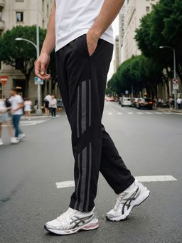 Nobero - Men Black Side Stripe Cut and Sew Straight Fit Trackpant