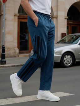 Nobero - Men Blue Side Stripe Cut and Sew Straight Fit Trackpant