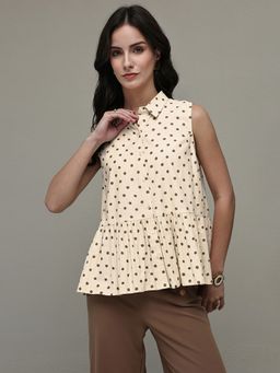 Libas - Off White Polka Dot Printed Panelled Top