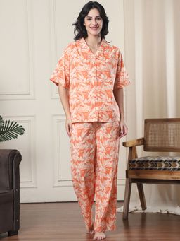 Kanvin - Orange Printed Relaxed Fit Shirt and Pyjama (Set of 2)
