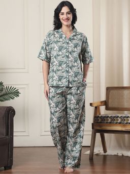 Kanvin - Green Printed Relaxed Fit Shirt and Pyjama (Set of 2)