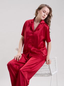 Mysthelle - Red Solid Relaxed Fit Shirt and Pyjama (Set of 2)
