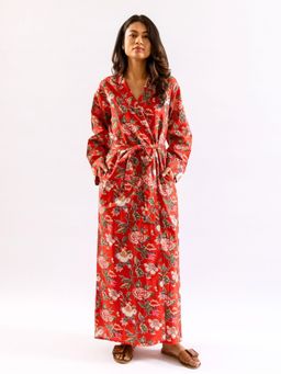 FEATHERS CLOSET - Red Printed Comfortable Fit Robe and Belt (Set of 2)