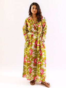 FEATHERS CLOSET - Green Printed Comfortable Fit Robe and Belt (Set of 2)